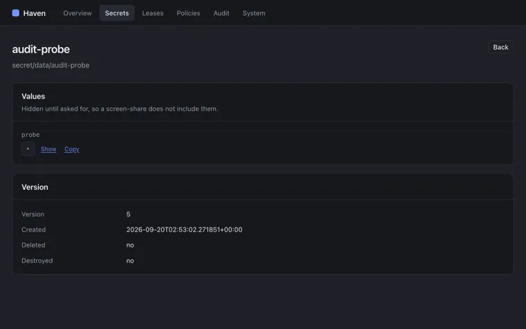 A secret in Haven at the path secret/data/audit-probe, with its values hidden behind Show and Copy controls, and a version record giving the version number, when it was created and whether it is deleted or destroyed.
