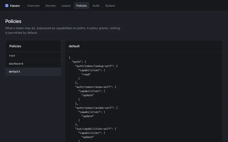 The Haven policies page, listing the root, dashboard and default policies, with the default policy shown as JSON granting capabilities on paths.