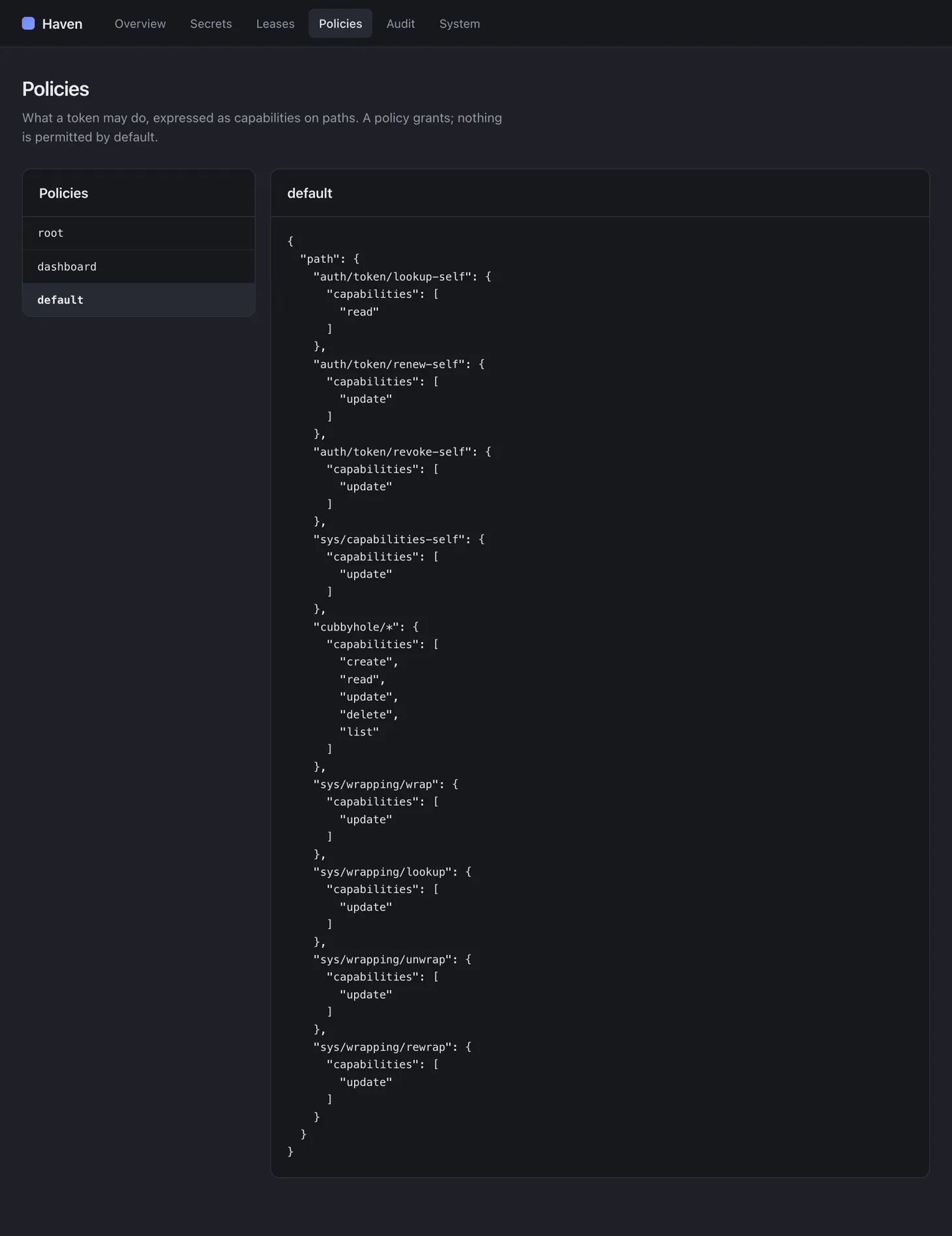 The Haven policies page, listing the root, dashboard and default policies, with the default policy shown as JSON granting capabilities on paths.