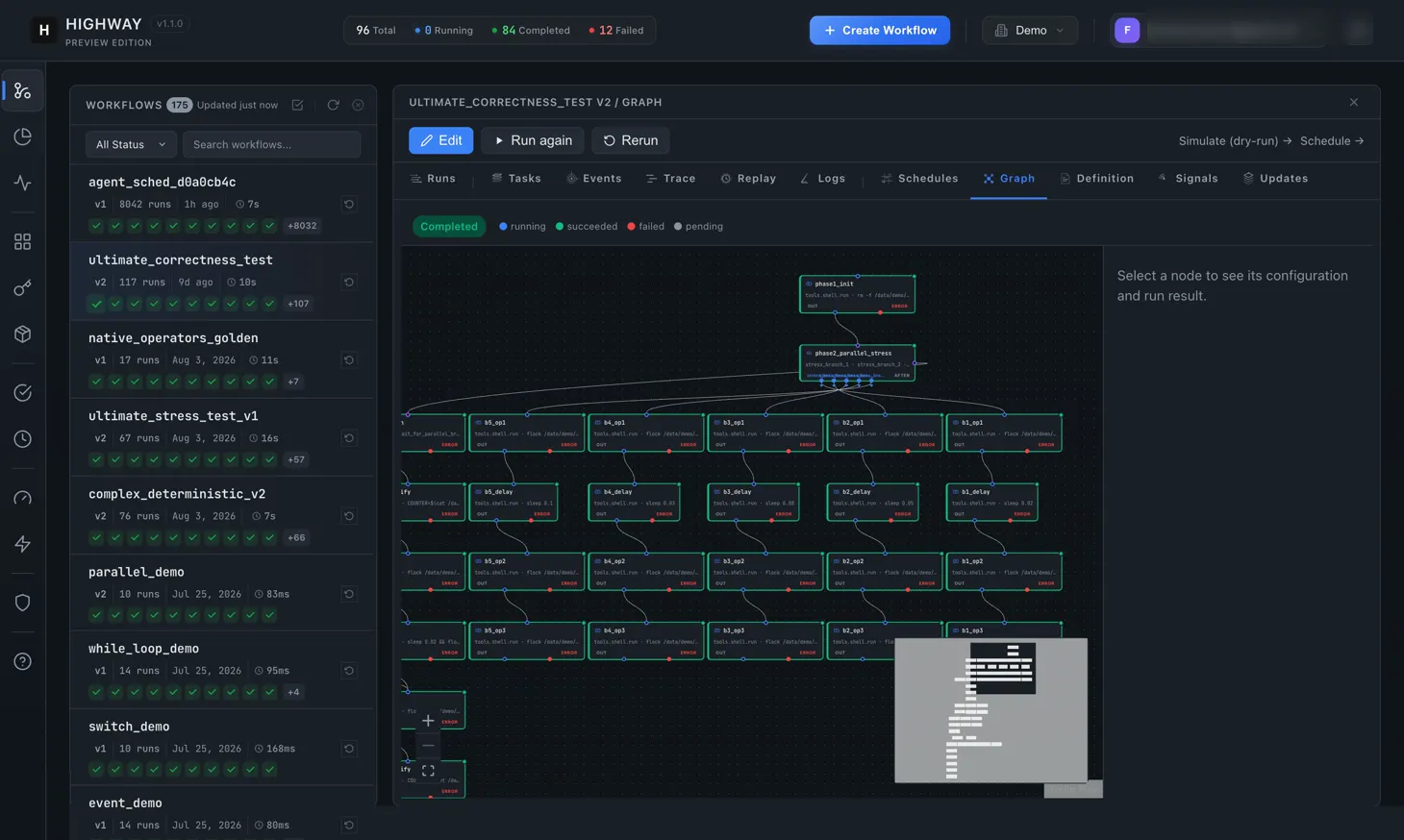 A Highway workflow drawn as a graph of tasks and dependencies, with tabs for runs, tasks, events, traces, logs and schedules.