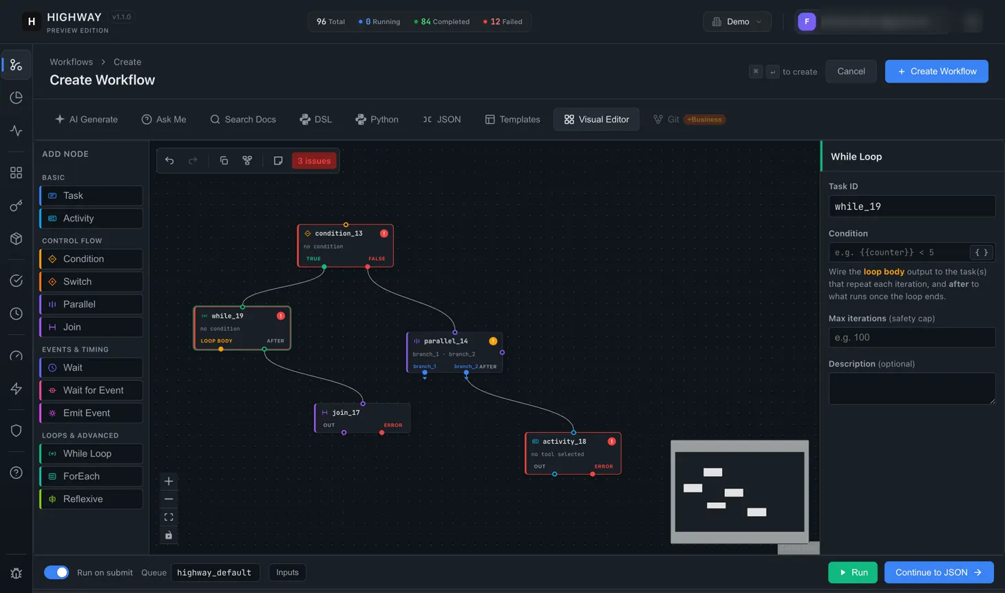 The Highway visual editor, building a workflow from condition, parallel, join, loop and activity nodes on a canvas.