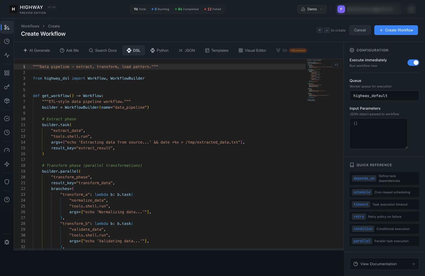 The Highway workflow builder showing an extract, transform and load pipeline written in the Python DSL, with queue and input configuration.