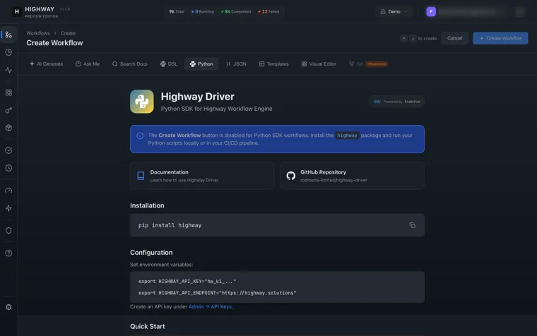 The Highway Driver page, the Python SDK for the workflow engine, with installation and configuration instructions.