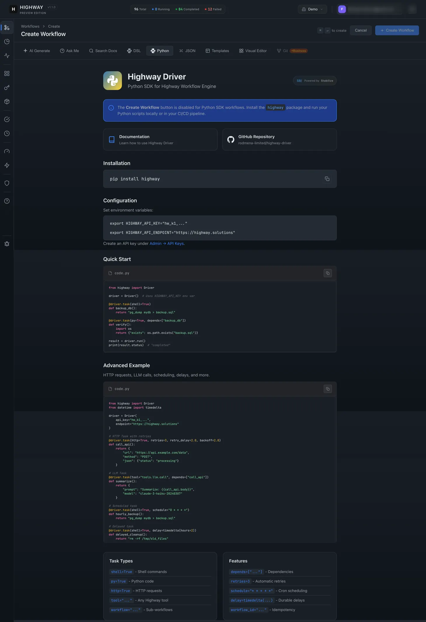 The Highway Driver page, the Python SDK for the workflow engine, with installation and configuration instructions.