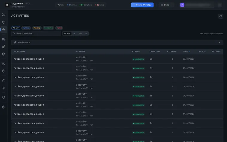 Highway activity history listing each task run with its status, duration, attempt count and finish time.