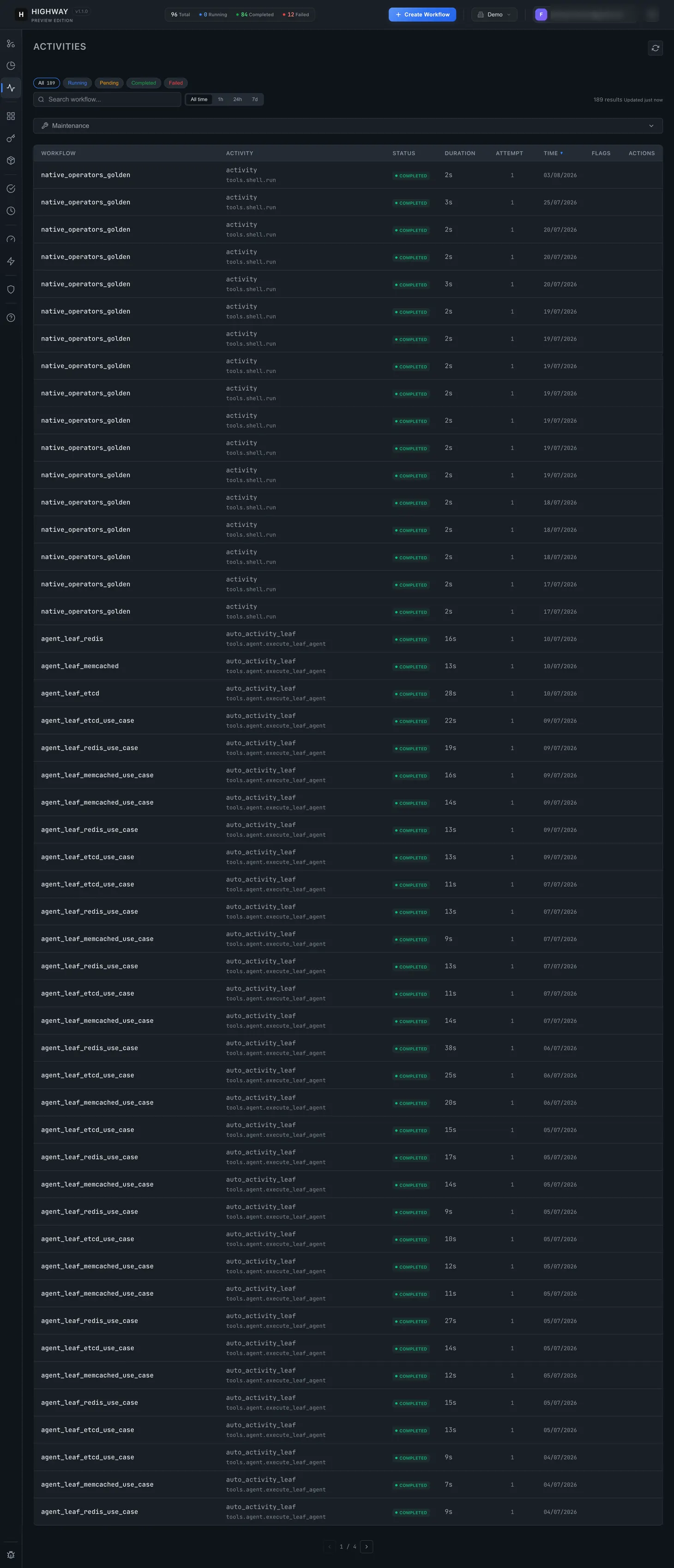Highway activity history listing each task run with its status, duration, attempt count and finish time.