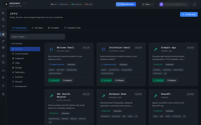 The Highway app marketplace showing installable integrations for communication, storage, analytics and notifications.