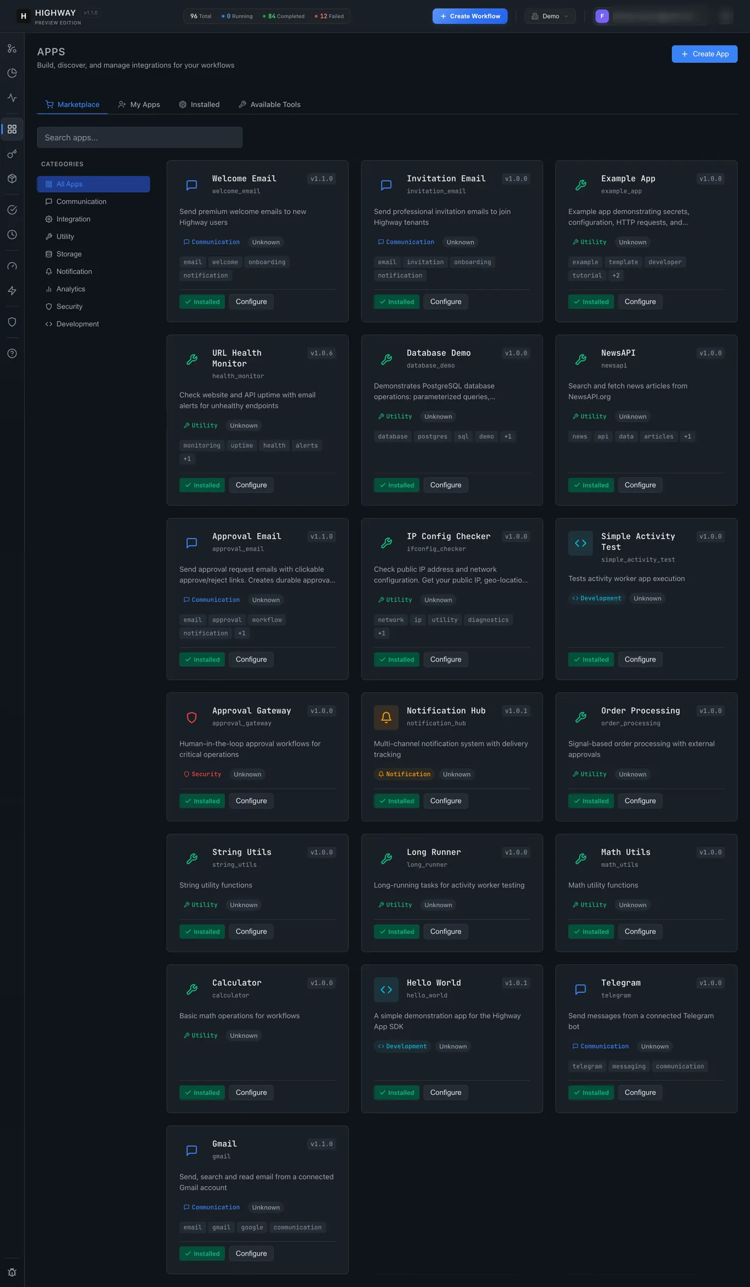 The Highway app marketplace showing installable integrations for communication, storage, analytics and notifications.