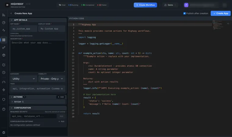Creating a Highway app, with the action written in Python beside fields for its name, category, visibility and required secrets.