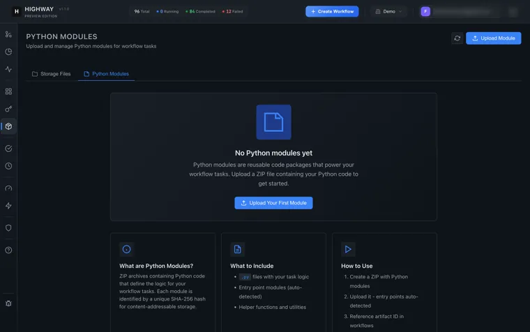 The Highway Python modules screen, where reusable code packages are uploaded for workflow tasks to import.