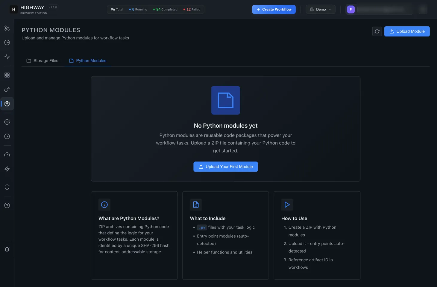 The Highway Python modules screen, where reusable code packages are uploaded for workflow tasks to import.