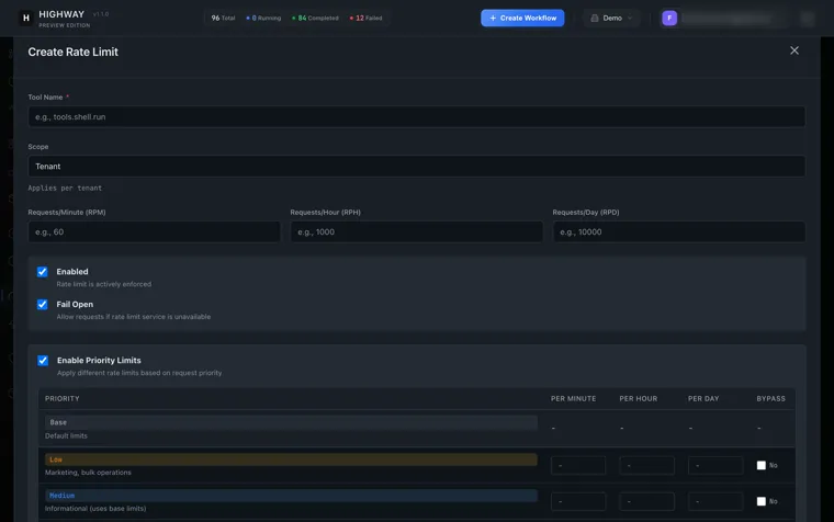 Creating a rate limit in Highway, with requests per minute, hour and day, a tenant scope, priority tiers and a fail-open switch.