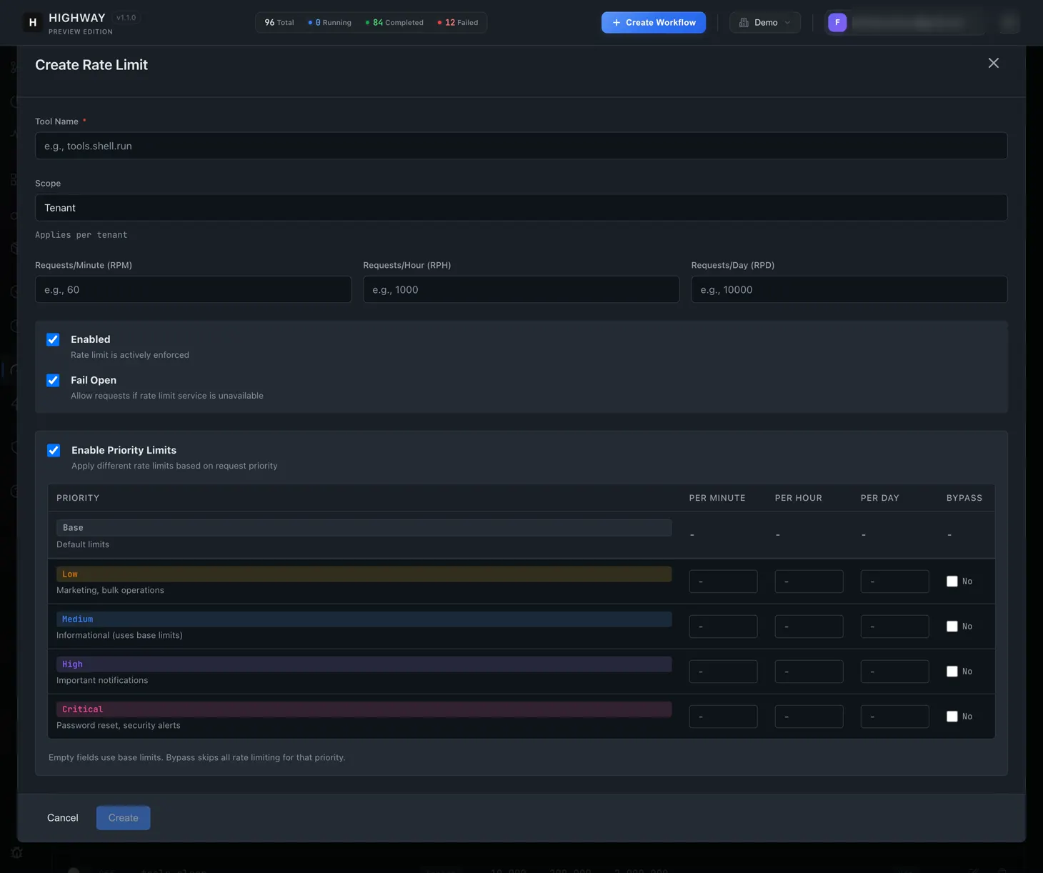 Creating a rate limit in Highway, with requests per minute, hour and day, a tenant scope, priority tiers and a fail-open switch.