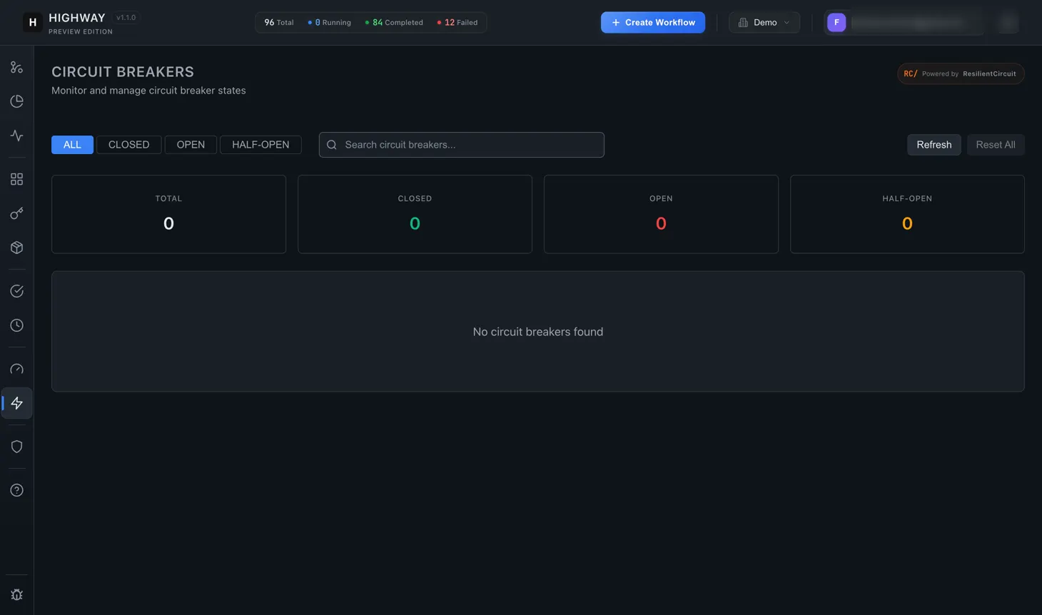 The Highway circuit breakers screen showing closed, open and half-open counts, powered by the ResilientCircuit library.