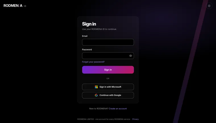 The RODMENA ID sign-in page, with fields for an email address and a password, a link to reset a forgotten password, and buttons to sign in with Microsoft or continue with Google.