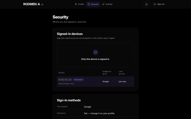 The RODMENA ID security page, listing every signed-in device with how it signed in and when it was last active, and the sign-in methods held for the account.
