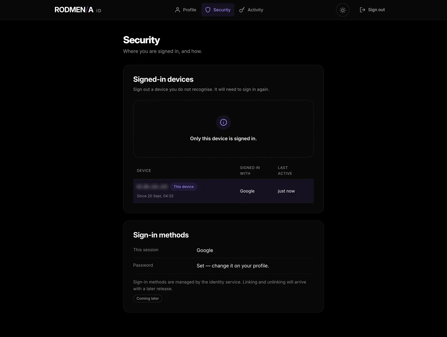 The RODMENA ID security page, listing every signed-in device with how it signed in and when it was last active, and the sign-in methods held for the account.