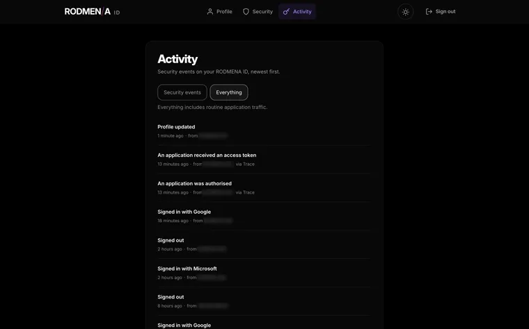 The RODMENA ID activity page, listing security events newest first: a profile update, an application receiving an access token, an application being authorised, and sign-ins through Google and Microsoft, each with its time and origin.