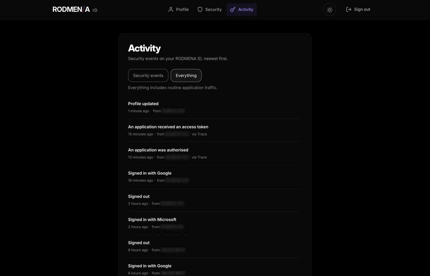 The RODMENA ID activity page, listing security events newest first: a profile update, an application receiving an access token, an application being authorised, and sign-ins through Google and Microsoft, each with its time and origin.