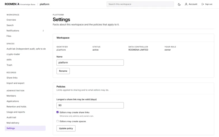 The knowledge base workspace settings, showing the workspace identifier, status, data controller and the policies applied to sharing.