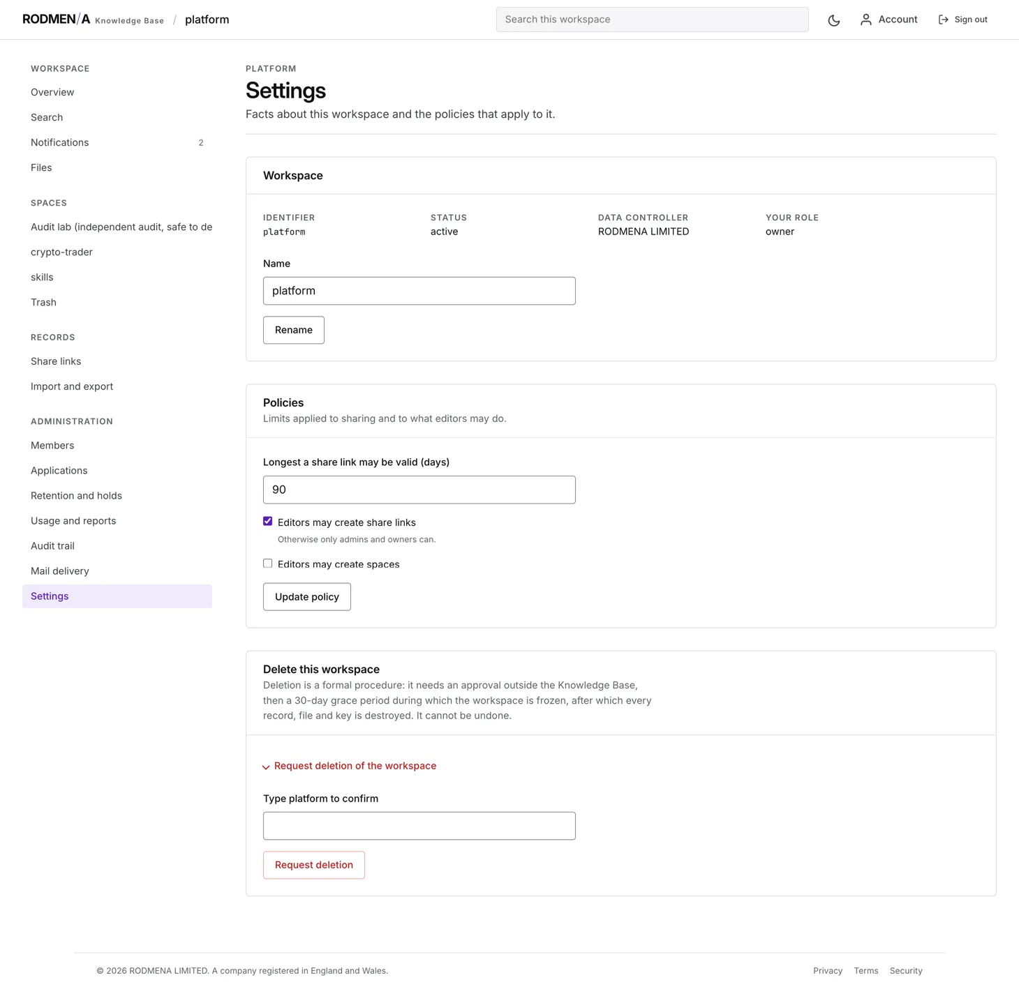 The knowledge base workspace settings, showing the workspace identifier, status, data controller and the policies applied to sharing.