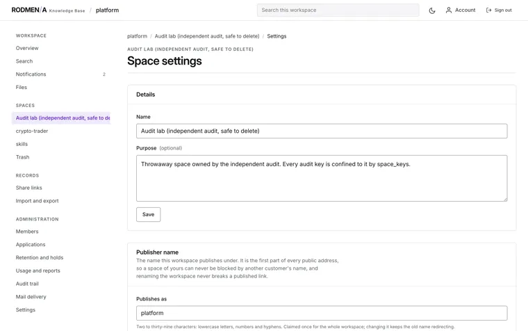 Knowledge base space settings, showing the space name, its purpose and the publisher name that forms part of public addresses.