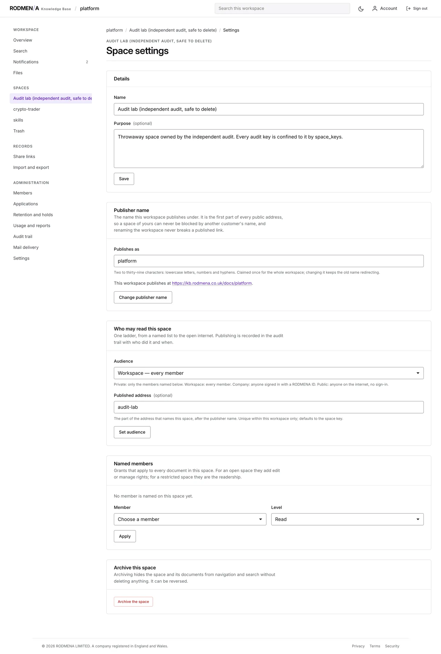 Knowledge base space settings, showing the space name, its purpose and the publisher name that forms part of public addresses.