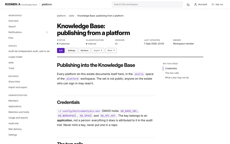 A knowledge base document showing its status, classification, version, last update and owner above the text.