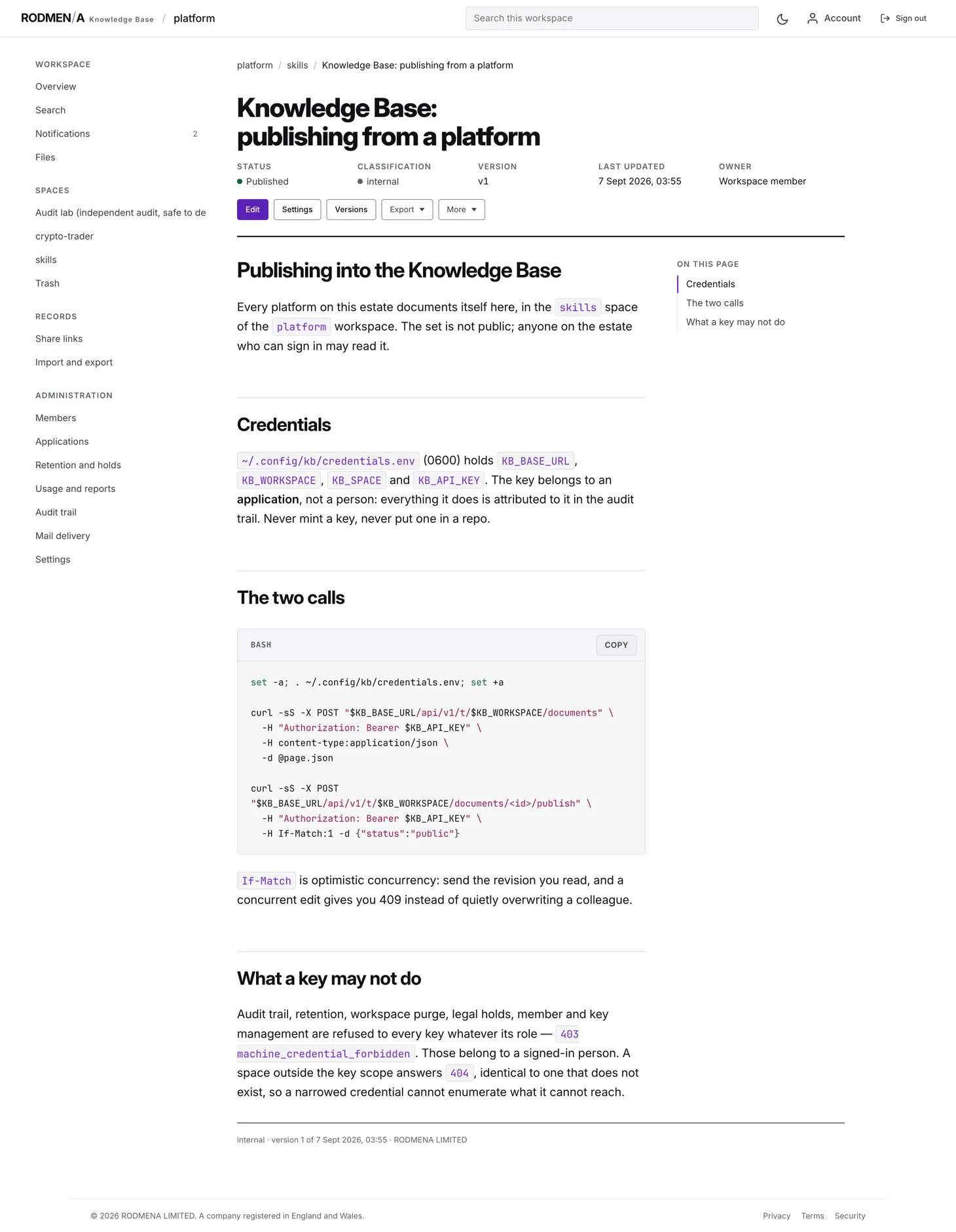 A knowledge base document showing its status, classification, version, last update and owner above the text.