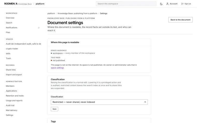 Knowledge base document settings, showing where the page is readable and the classification that governs it.