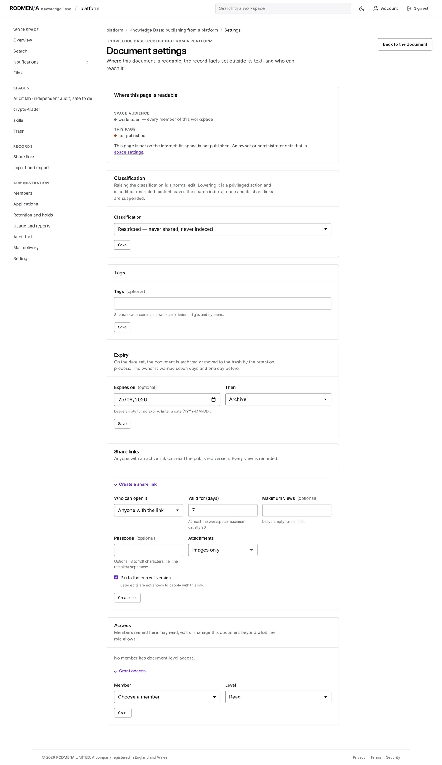 Knowledge base document settings, showing where the page is readable and the classification that governs it.