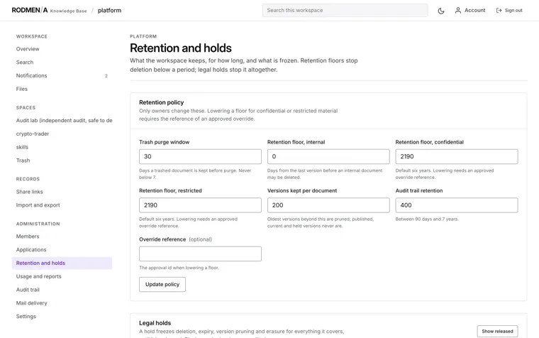 The knowledge base retention policy, with the trash purge window, retention floors per classification and audit trail retention.