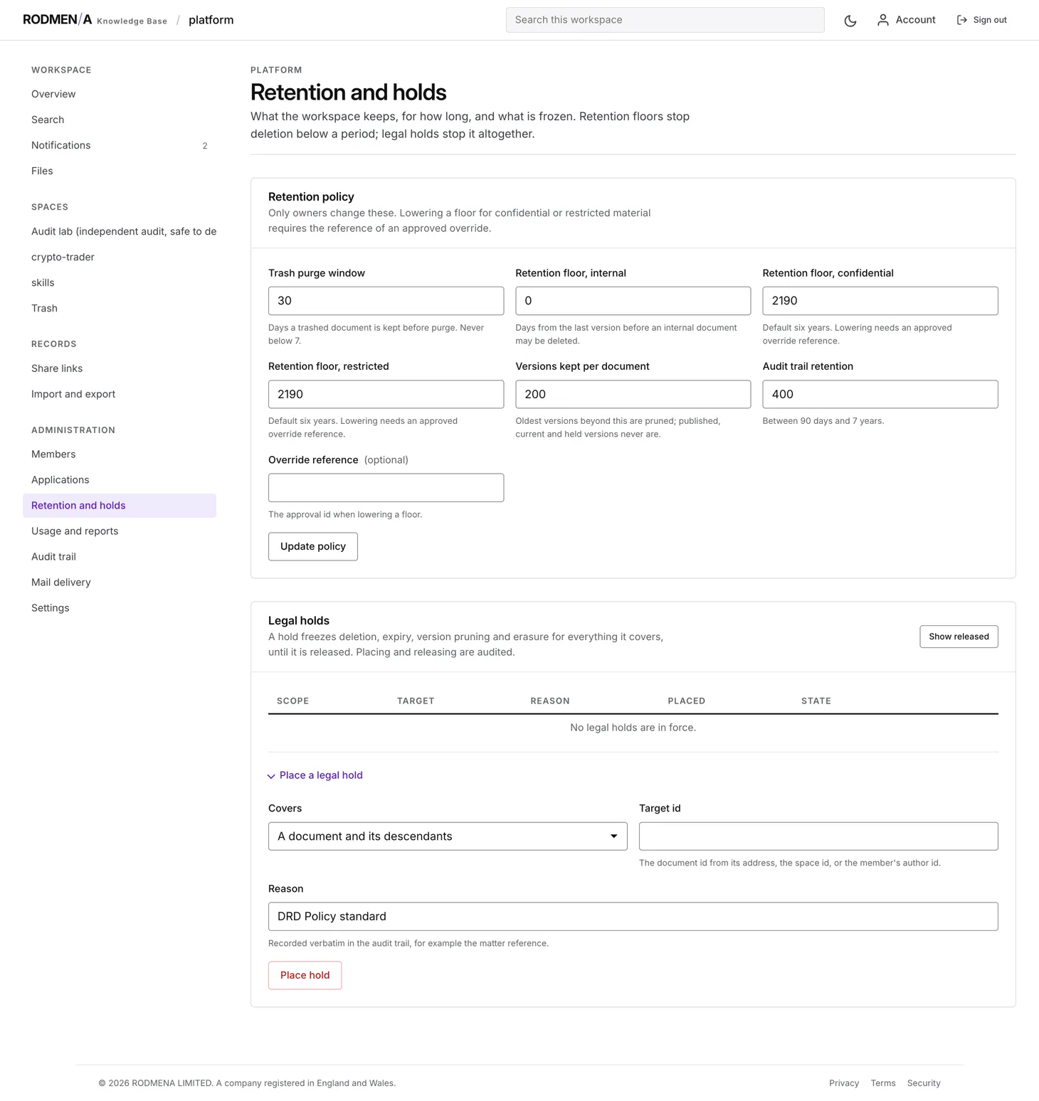 The knowledge base retention policy, with the trash purge window, retention floors per classification and audit trail retention.