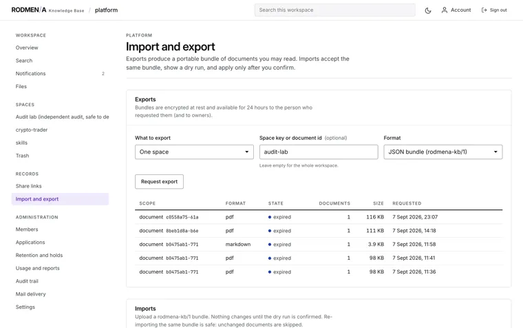 The knowledge base import and export screen, requesting a portable bundle of documents and listing previous exports.