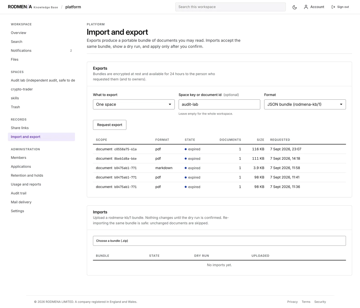 The knowledge base import and export screen, requesting a portable bundle of documents and listing previous exports.
