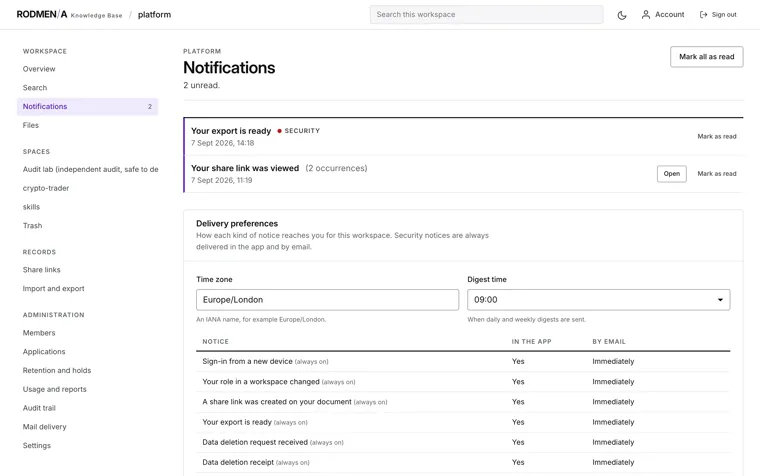 Knowledge base notifications with unread notices and the delivery preferences that decide what reaches a member and how.