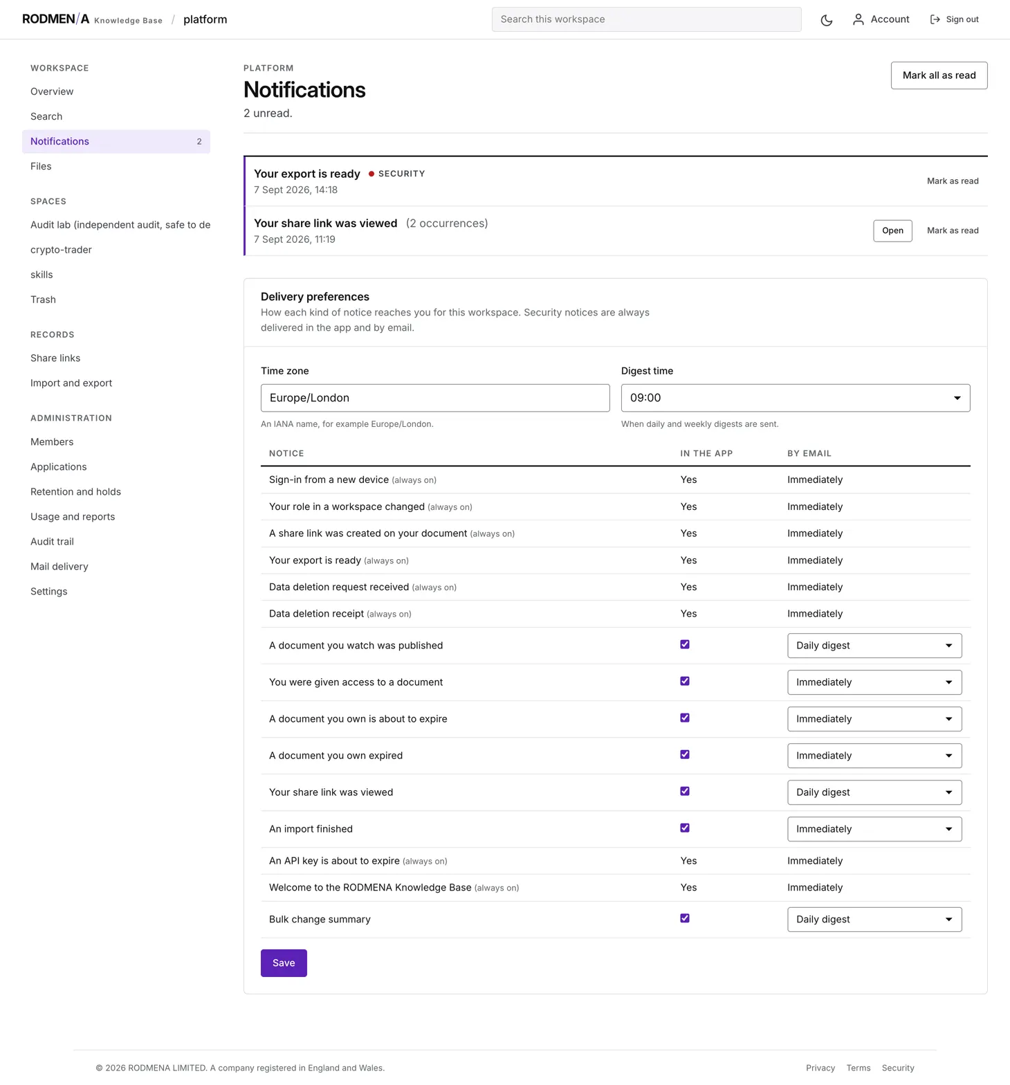 Knowledge base notifications with unread notices and the delivery preferences that decide what reaches a member and how.