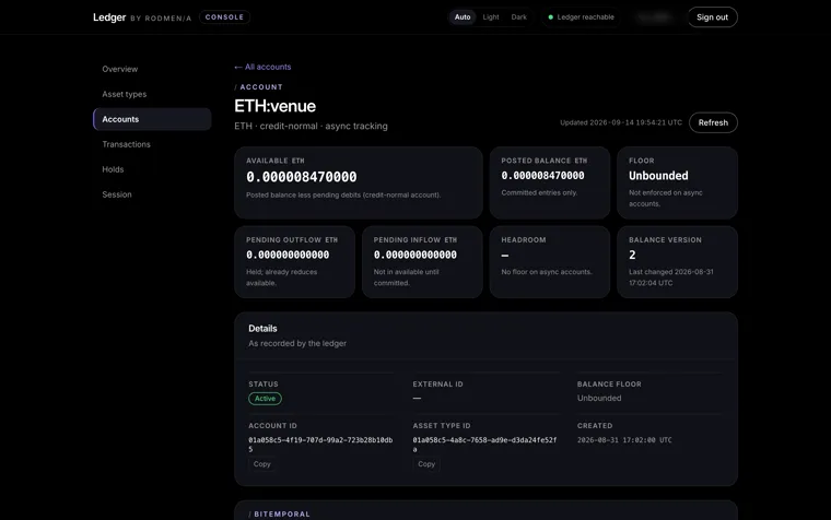 A Ledger account view showing available and posted balances, pending inflow and outflow, headroom and the balance version.