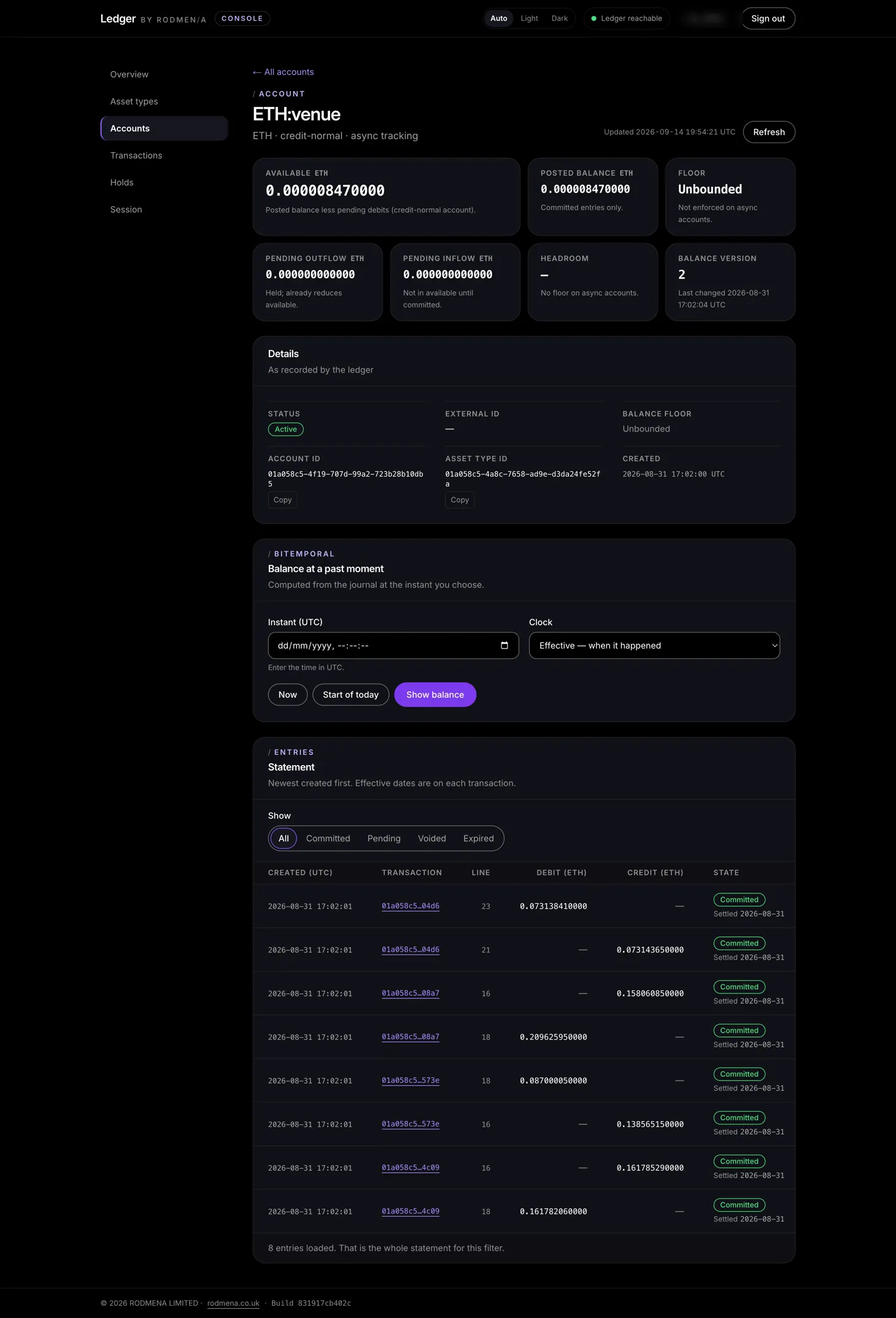 A Ledger account view showing available and posted balances, pending inflow and outflow, headroom and the balance version.