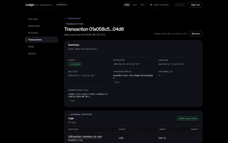 A Ledger transaction showing its state, effective and settled dates, transaction id, external id and idempotency key.