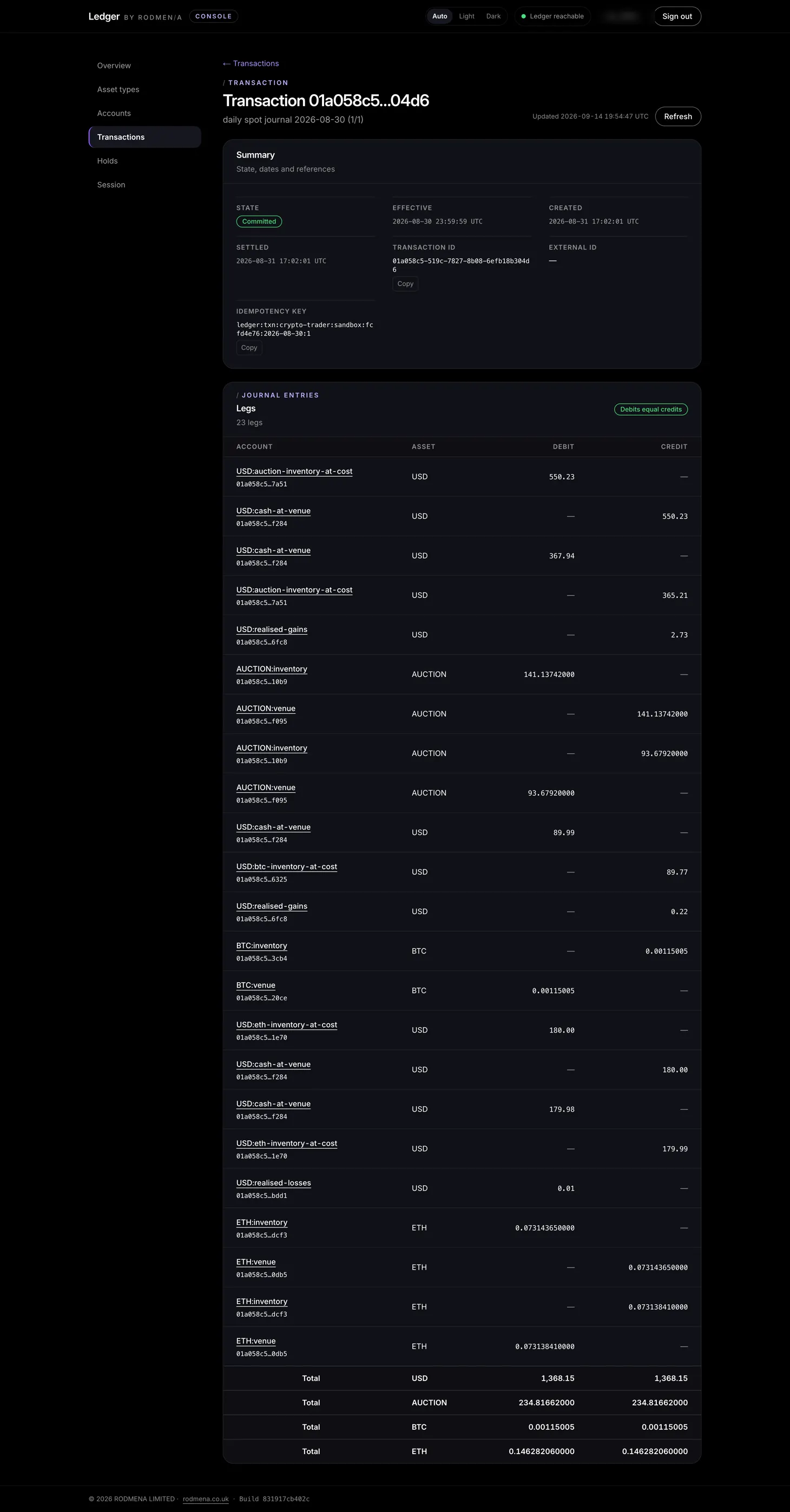A Ledger transaction showing its state, effective and settled dates, transaction id, external id and idempotency key.
