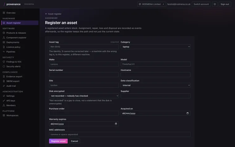 Provenance asset registration form, with fields for asset tag, category, make and model, site, disk encryption state and data classification.