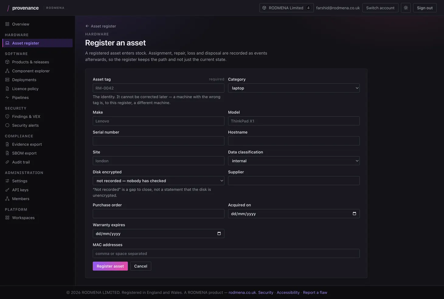 Provenance asset registration form, with fields for asset tag, category, make and model, site, disk encryption state and data classification.