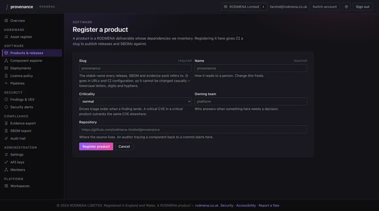 Provenance product registration form, with slug, name, criticality, owning team and repository fields.