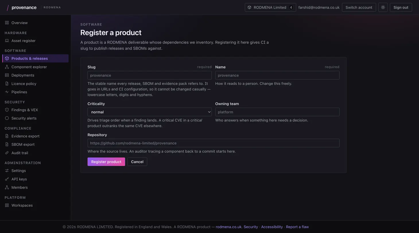 Provenance product registration form, with slug, name, criticality, owning team and repository fields.