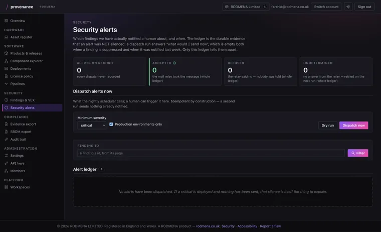 Provenance security alerts screen, with the alert ledger and the controls that dispatch an alert run.