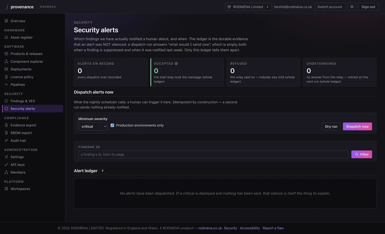 Provenance security alerts screen, with the alert ledger and the controls that dispatch an alert run.
