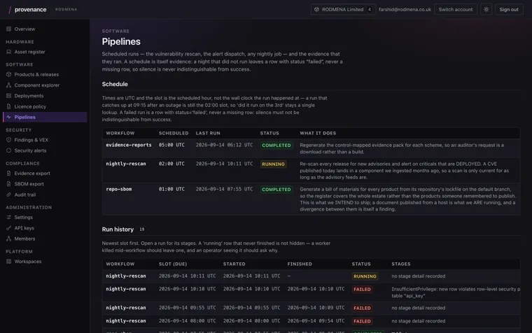 Provenance pipelines screen, listing the scheduled evidence, rescan and SBOM workflows with their run history.