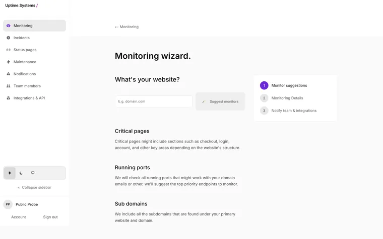 The Uptime.Systems monitoring wizard asking for a website and offering to suggest the pages and ports worth monitoring.