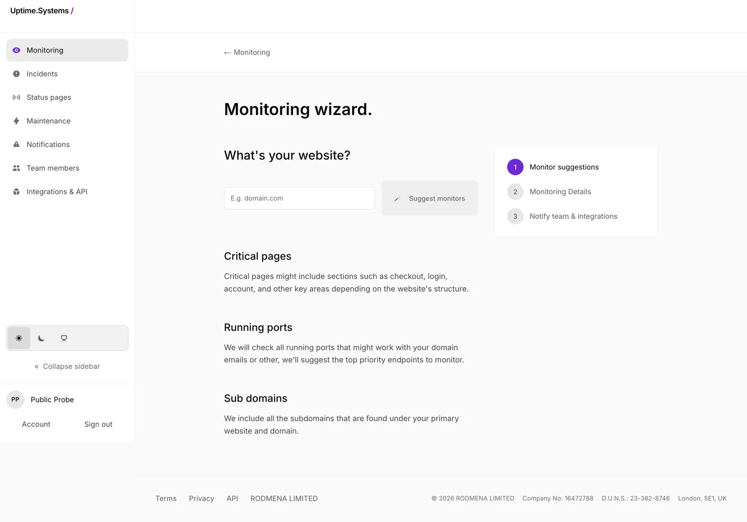 The Uptime.Systems monitoring wizard asking for a website and offering to suggest the pages and ports worth monitoring.